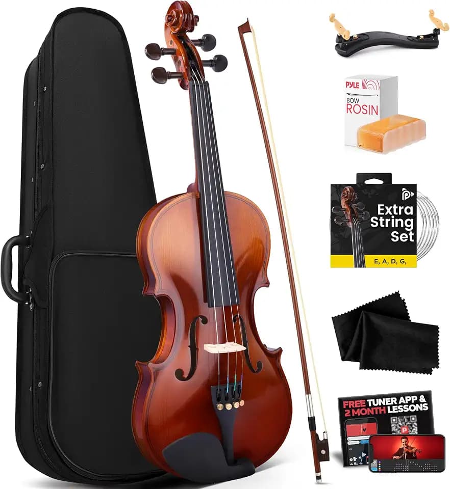 Pyle 4/4 Full Size Acoustic Violin for Beginners – Complete Violins Set with Hard Case, Bow, Extra Strings, Rosin, Full Accessories Kit - Mobile App Tuner 2 Month Free Lessons for Kids & Adults