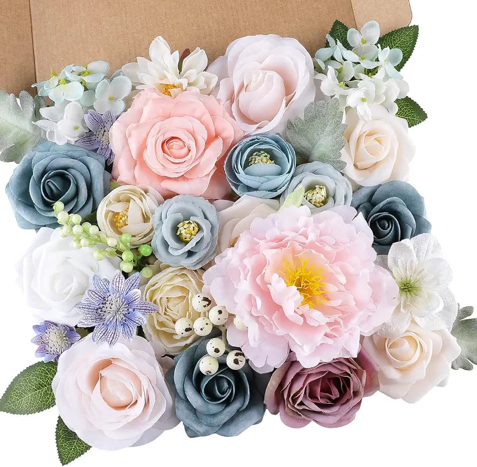 Artificial Flowers Combo Blue Pink Fake Rose Flowers with Stems for DIY