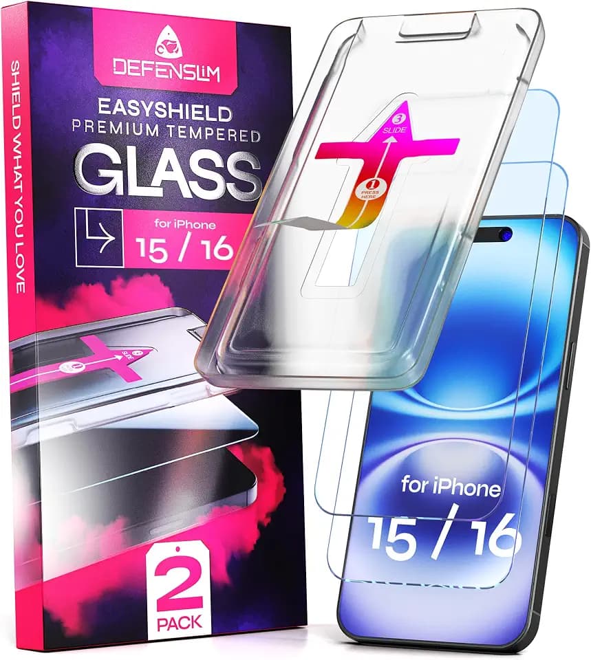 Defenslim EasyShield Screen Protector for iPhone 15/16, 2 Pack Glass