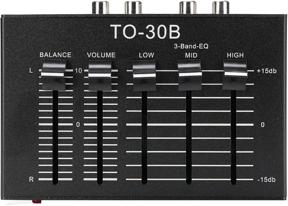 PUSOKEI Phono Preamp - 3 Band Sound Equalizer, EQ 2 Channel Digital Audio Equalizer, 12dB High Mid Low Tone Adjustment, Balanced Volume Control, Stereo Sound Input/Output, DC 5V
