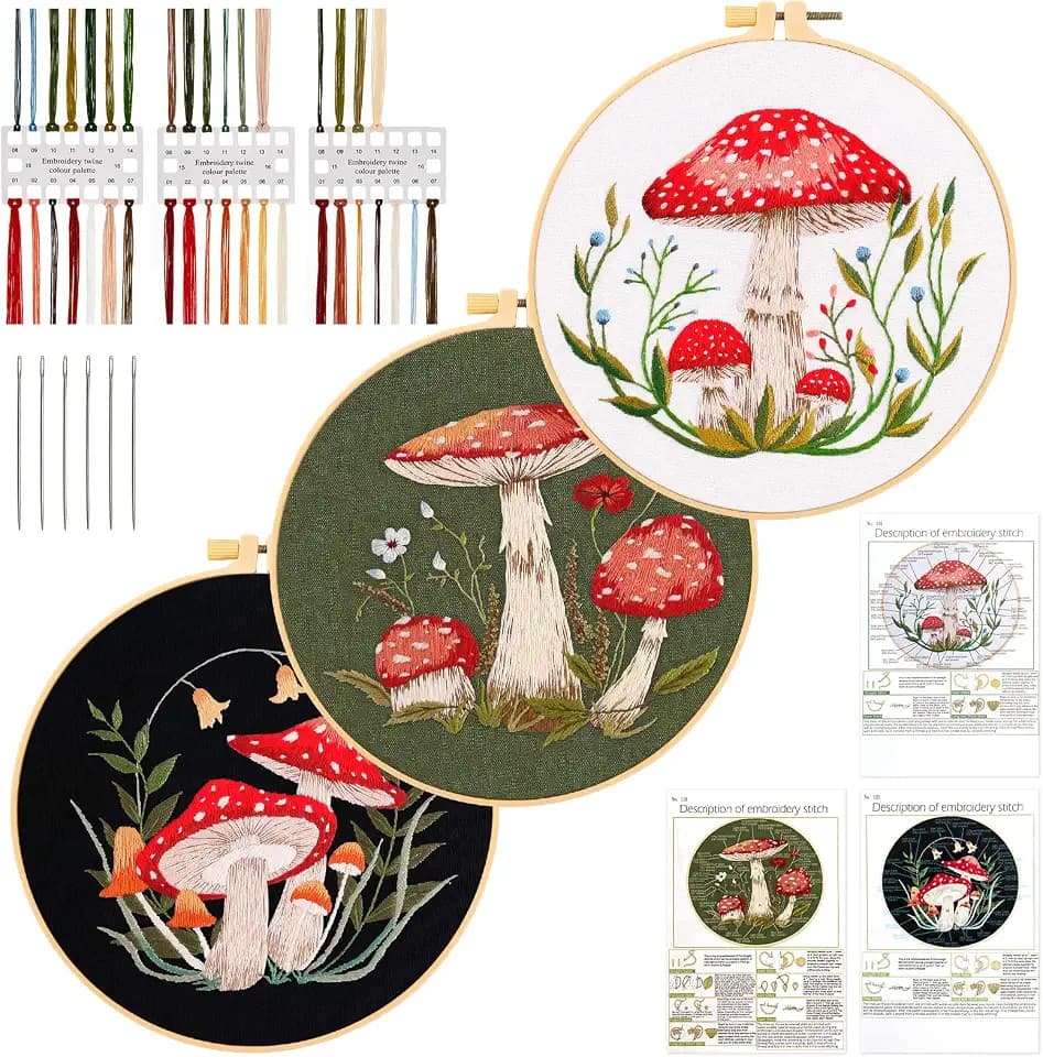 JSRQT 3 Stücke Pilz Stickerei Starter Kit für Erwachsene Anfänger,DIY Handgemachte Kreuzstich Set, Nadelspitzen-Stickset Embroidery Kit für Heimdekoration