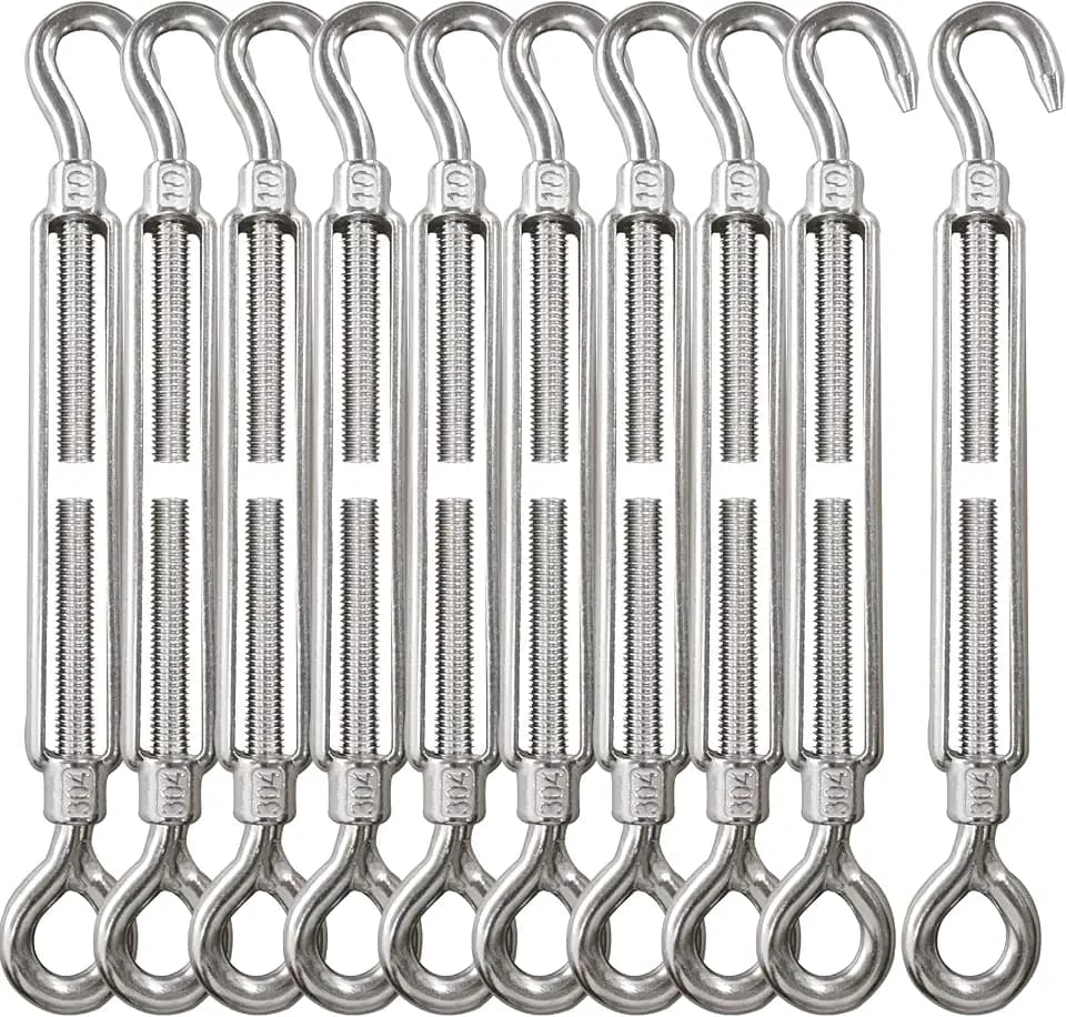 Turnbuckle Lsqurel 10PCS 304 Stainless Steel Turnbuckle Hook and Eye Heavy Duty M4 M6 M8 M10 Tensioner Adjustable Shade Sail Hardware for Tightening up Metal Cable Wire 5/32 1/4 5/16 3/8