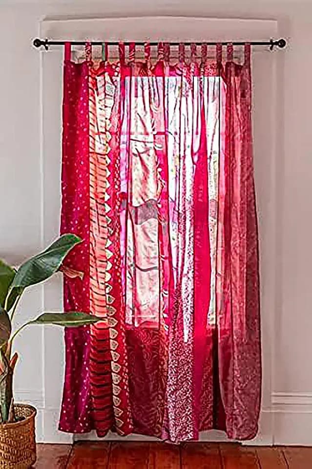 Ethinic Craft Hub Indian Silk Curtain - Patchwork Sari Bohemian Gypsy Hippy Curtain - 210 x 105 cm (Red)