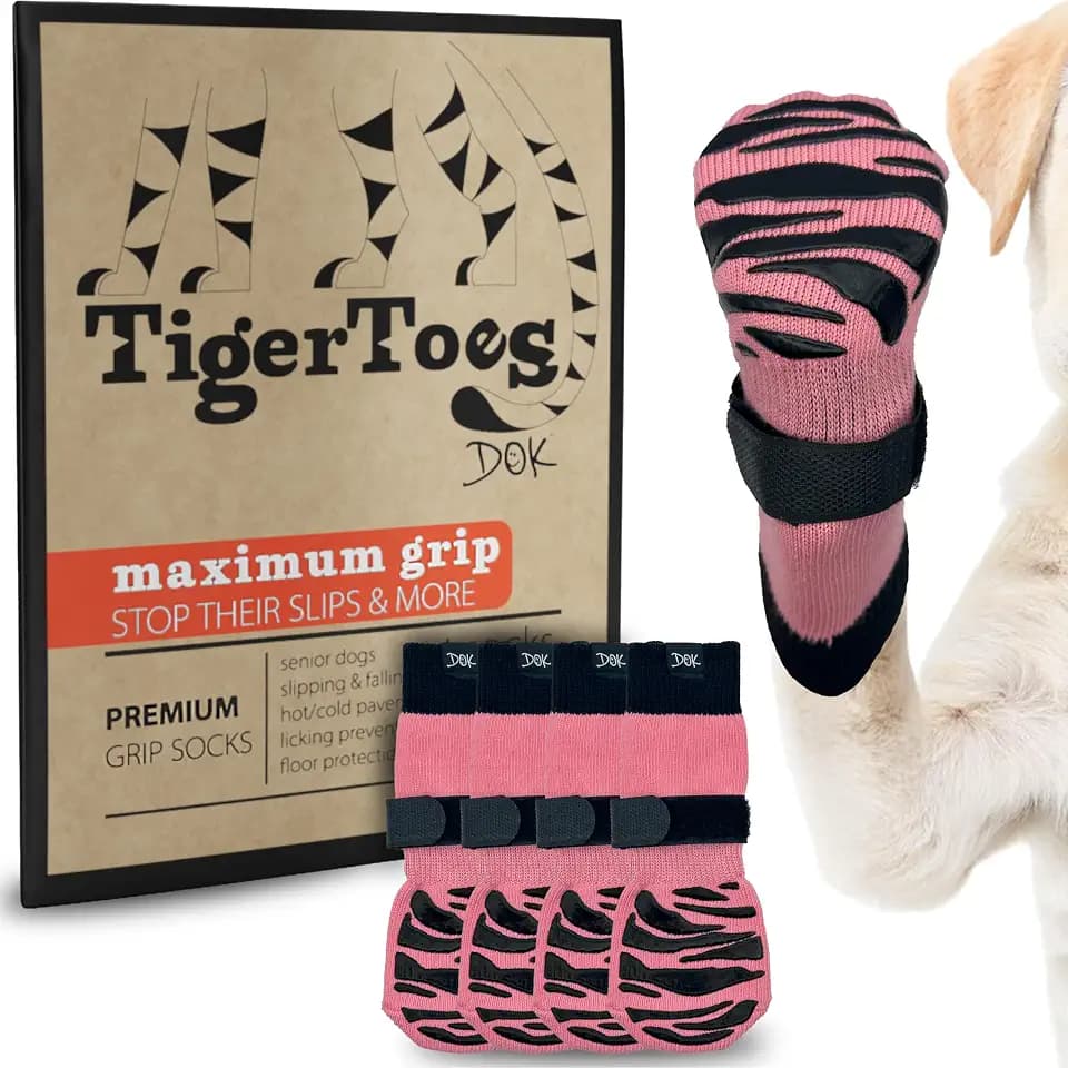 DOK TigerToes Premium Non-Slip Dog Socks for Hardwood Floors - Extra-Thick Grip that Works Even When Twisted - Prevents Licking, Slipping, and Great for Dog Paw Protection (Sassy Pink, Large)