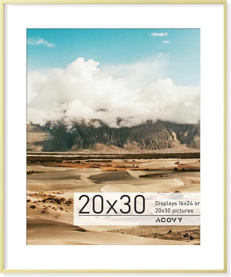 Acovy 20x30 Poster Frame with Mat for 16x24, Premium Aluminum 20 x 30 picture frame, HD Tempered Glass, Metal Photo Frame 30x20 for Wall Display, Wall Hook Included (Gold, Pack of 1)