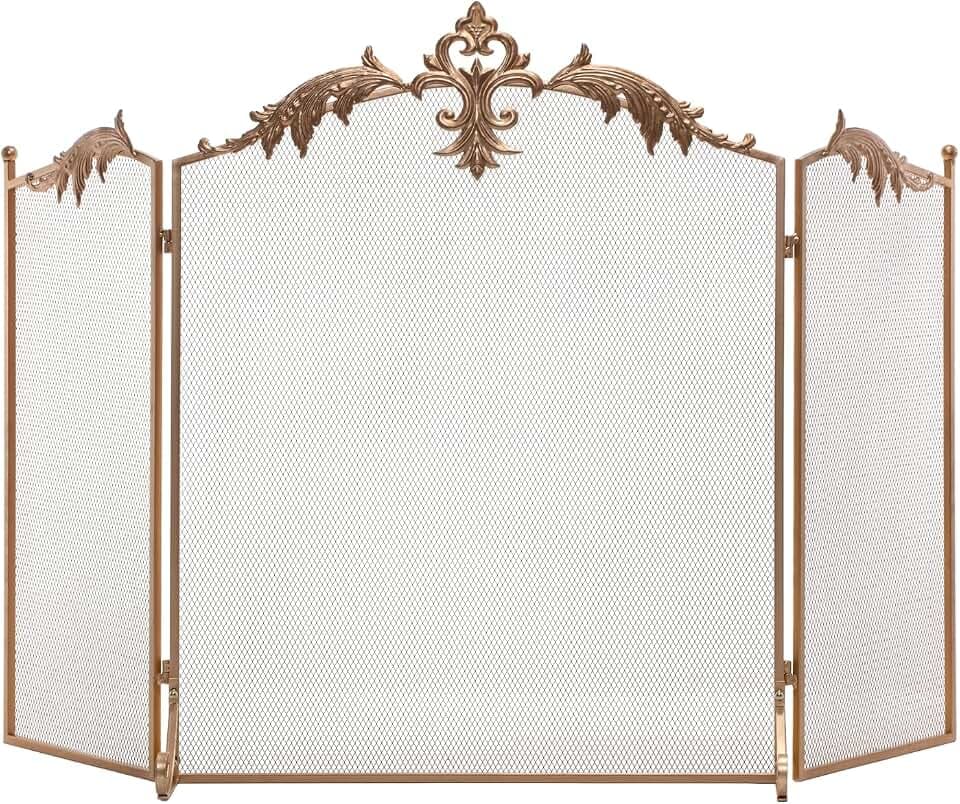BEAMNOVA Fireplace Screen, Gold, 50 x 32 in, Fringed Iris Décor