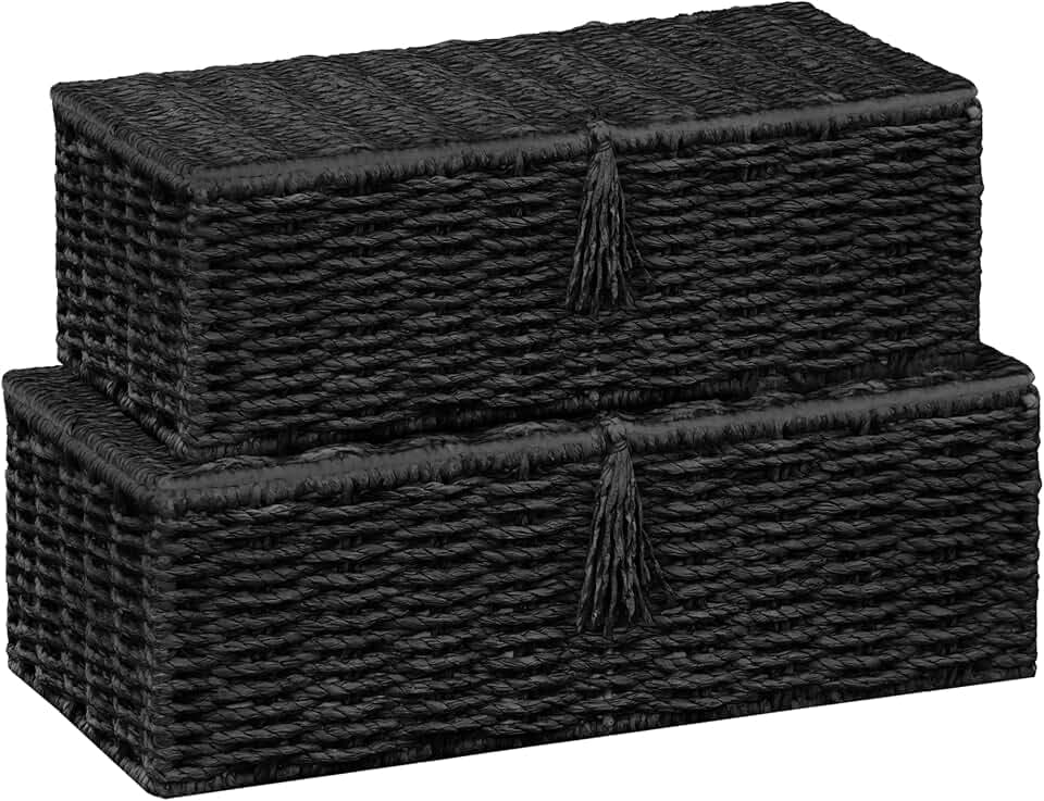 Vagusicc Aufbewahrungskorb mit Deckel, Aufbewahrungsbox 2 Stück Korb Aufbewahrung aus Recyclebarem Papierseil Badezimmer Organizer Rechteckig Flechtkorb zum Organisieren (Schwarze, Groß + Klein)