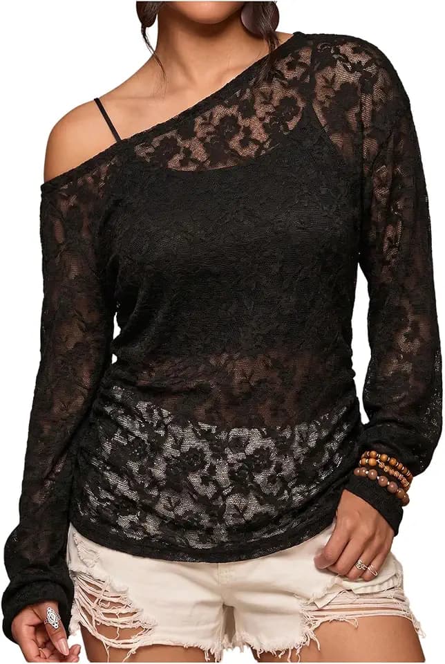 RoseSeek Women's Plus Size Sheer Off The Shoulder Mesh Summer Tops