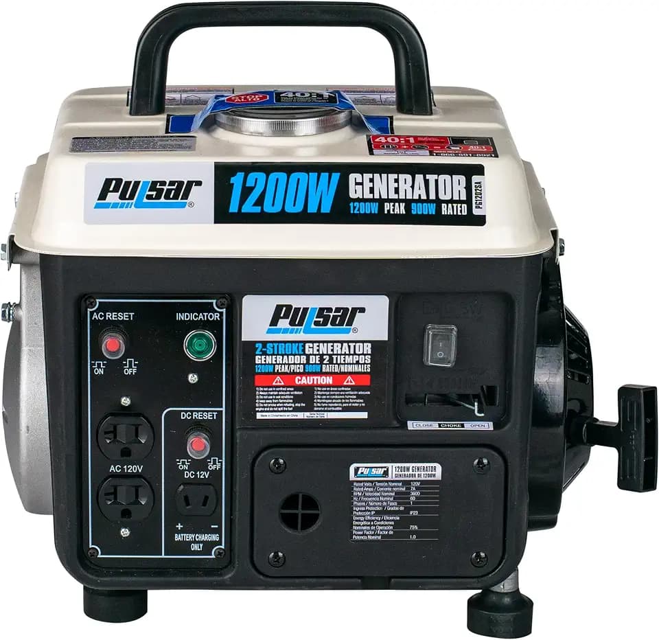 Pulsar PG1202SA 1200W Portable Generator, 900 Running Watts, 71cc 2-Cycle Engine, 40:1 Fuel Mix, 120V & 12V Outlets, Recoil Start