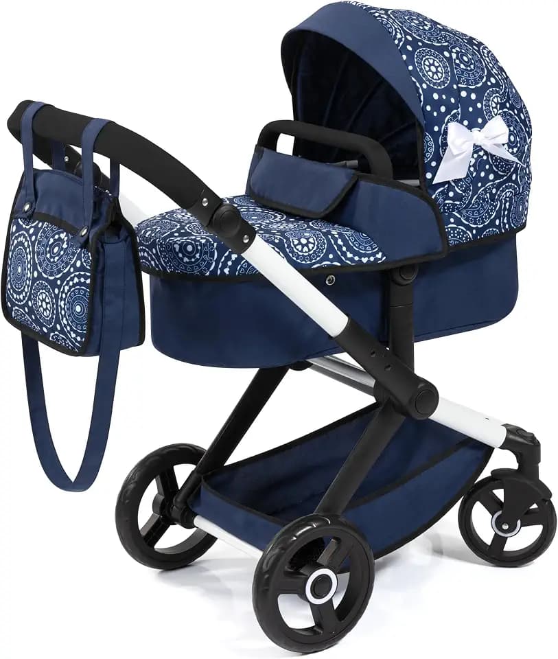 Bayer Design 17073AB Puppenwagen Xeo mit Tasche, höhenverstellbarer Griff, Schwenkschieber, wandelbar als Puppenjogger, bewegliche Vorderräder, integrierter Korb, Blau