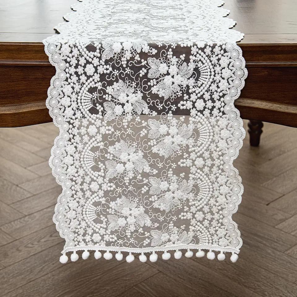 Joyfol Day White Lace Table Runner, Embroidery Cotton Lace Fabric Table Cover, Floral Lace Table Runner Vintage Wedding, Tea Party Decor (14x60 Inch)