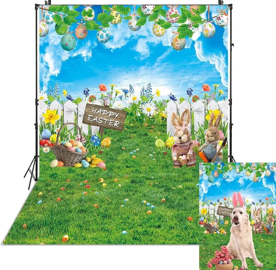Happy Easter Backdrop Eggs Bunny Spring Garden Photography Background 5x7ft Rabbits Flowers Easter Party Decoration Banner Supplies