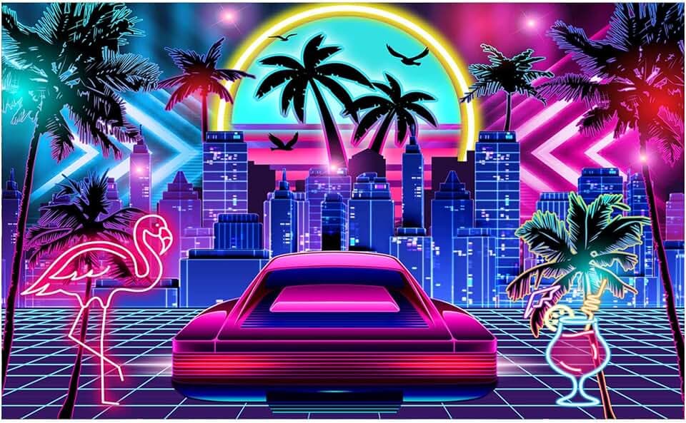Funnytree Miami Backdrop for Retro 80s Summer Disco Style Birthday Party Supplies Decoration Tropical Neon City Flamingo Palm Tree Decor Background Photo Booth Banner Props