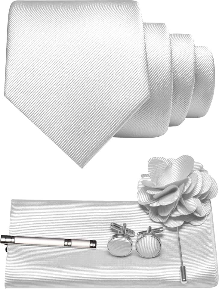 JEMYGINS Herren Krawatte aus Twill mit einfarbigem Design inklusive Pocket Square Manschettenknöpfen Krawattenklemme und Blütenbrosche Geschenkset für Partys Business Hochzeiten