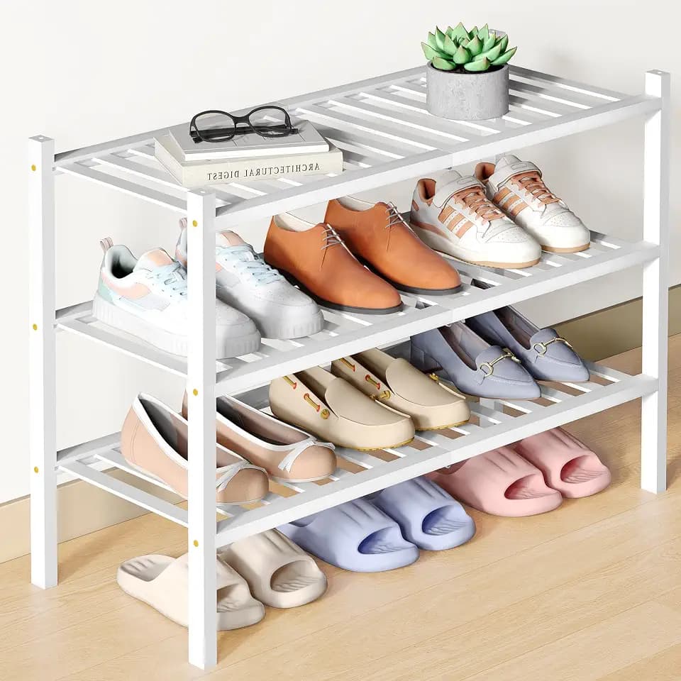 Smiry Bamboo Shoe Rack for Closet, 3 Tier - 26.77" Wide, White