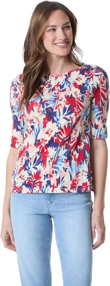Gloria Vanderbilt Women's Alanis Boat Neck Knit Tee Shirt with Elbow Sleeves Standard