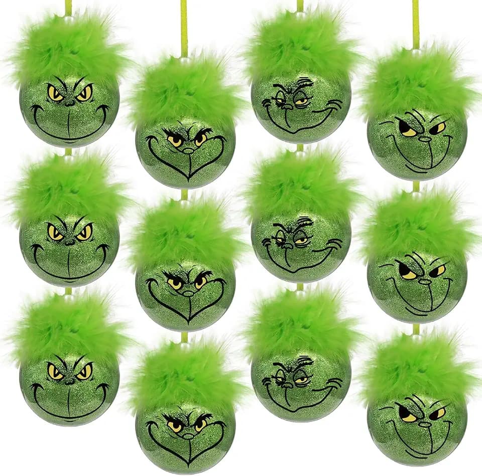Bunny Chorus Christmas Decorations Indoor: 12pcs Cute Green Elf Christmas Tree Ornaments with Fuzzy Hair, Hanging Thief Monster Xmas Balls for Tree Fireplaces Garland, Kids Home School Office Decor