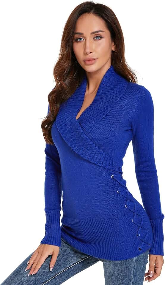 AmélieBoutik Women Slim Fit Sexy Casual Shawl Collar Faux Wrap Lace Up Long Sleeve Sweater