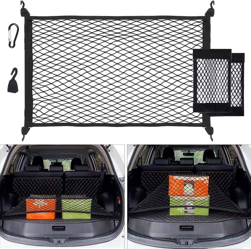 Kofferraumnetz Auto, Gepäcknetz Erstreckt Sich auf 140x100cm, Aufbewahrung Netz für Kofferraum Autodach+2 Organizer Netztasche+4 Stahlkarabiner+4 ABS Haken, Elastischer Rand hält Lasten Fester