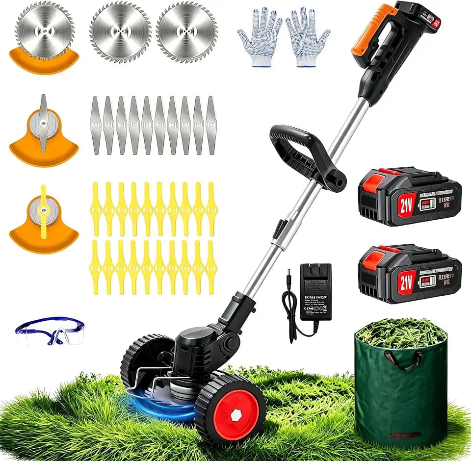 Electric Weed Wacker Cordless Weed Eater Battery Powered, 21V Lightweight No-String Weed Trimmer with 2 Battery Operated&Wheels,3 in 1 Stringless Grass Trimmer/Lawn Edger/Brush Cutter for Garden Yard