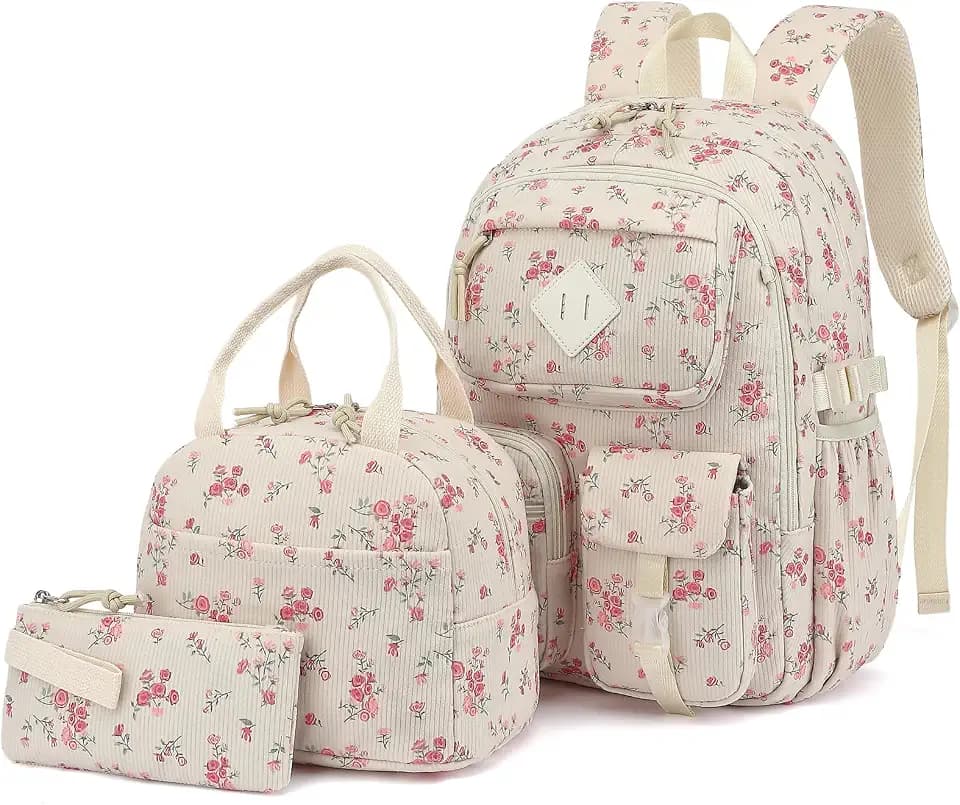 3Pcs Corduroy School Backpack for Girls, Kids Large Capacity School Bag Bookbags Set with Lunch Box and Pencil Bag (Corduroy Rose)