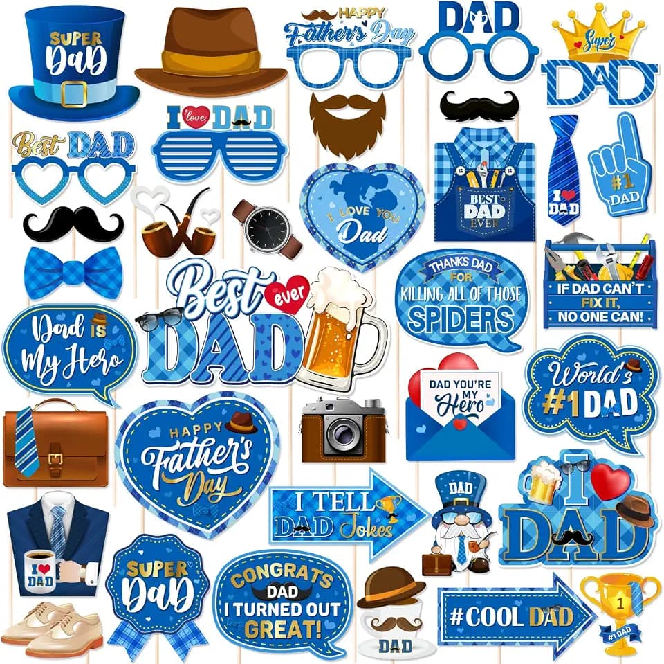 Fathers Day Photo Booth Props,37pcs Fathers Day Decorations Blue Dad Photo Booth Props for Fathers Day Party Supplies