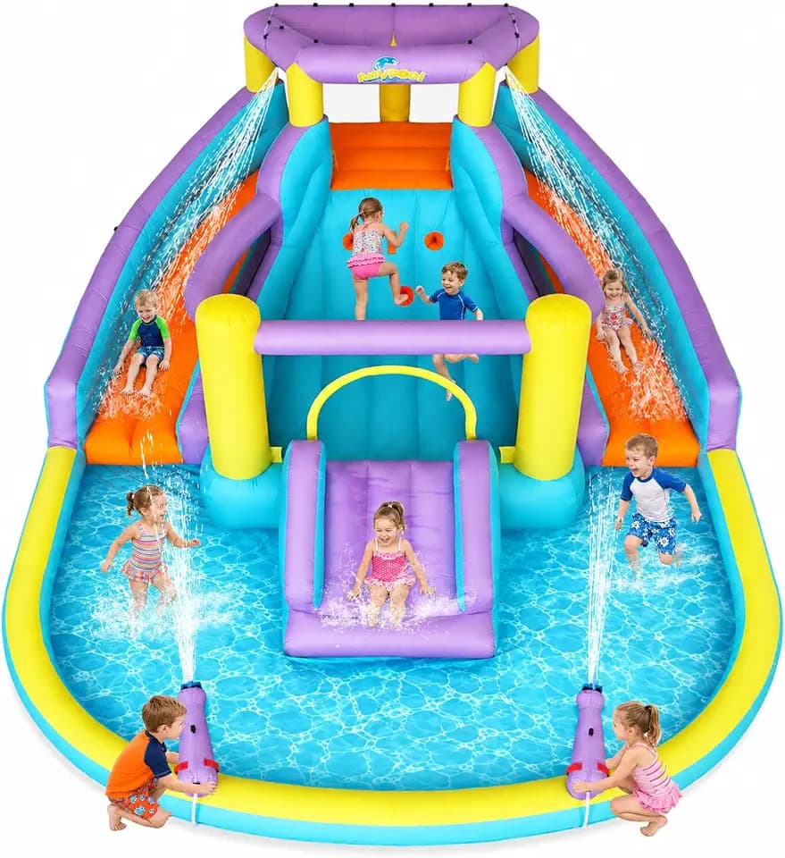 7-in-1 Inflatable Water Slide Bounce House with 3 Slides, Splash Pool, Climbing Wall, Water Gun & Basketball – for Kids Aged 3-10, 520W Blower, 168 x 150 x 78 Inches, Outdoor Backyard Fun