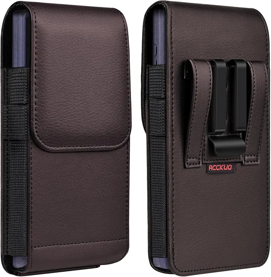 ACCKUO Leather Phone Holster with Strong Metal Belt Clip and Magnetic Closure Compatible with iPhone 16/15/14/13/12 Pro and Non-Pro, Galaxy S25 S24 S23 S22, M-Coffee