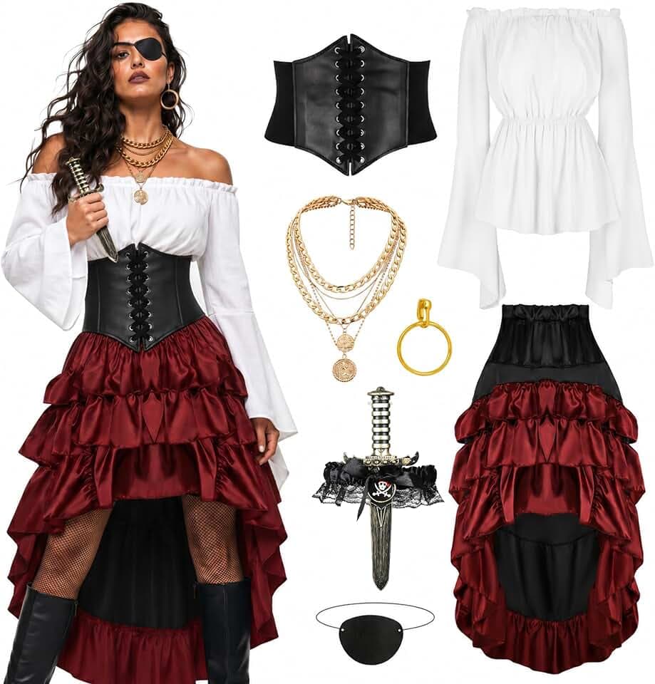 CICOCI Pirate Costume Women Outfits Renaissance Corset Steampunk Skirt Top Pirate Accessories Full Halloween Costume