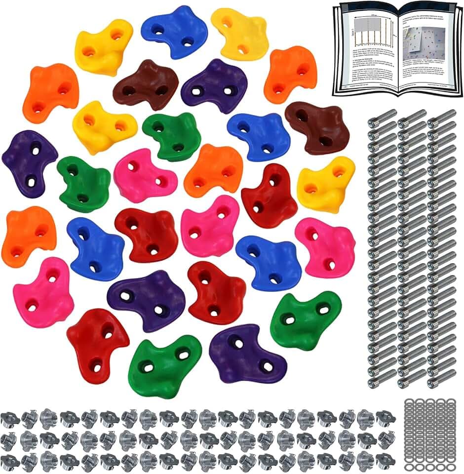 ALPIDEX Kinder Klettergriffe Indoor Outdoor Klettersteine bunt Set 30 Stück | Kletterwand, Bouldergriffe, Spielturm, Baum, Kletterknöpfe, ab 3 Jahre, bis 200 kg, inkl. Befestigungsmaterial, Kunststoff