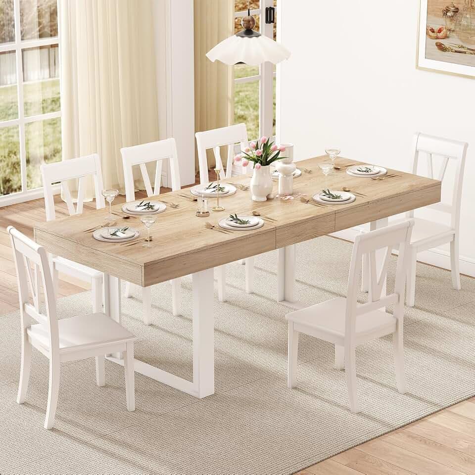 Zevemomo 63"-78.7" Extendable Dining Table for 6-8, Farmhouse Kitchen Table