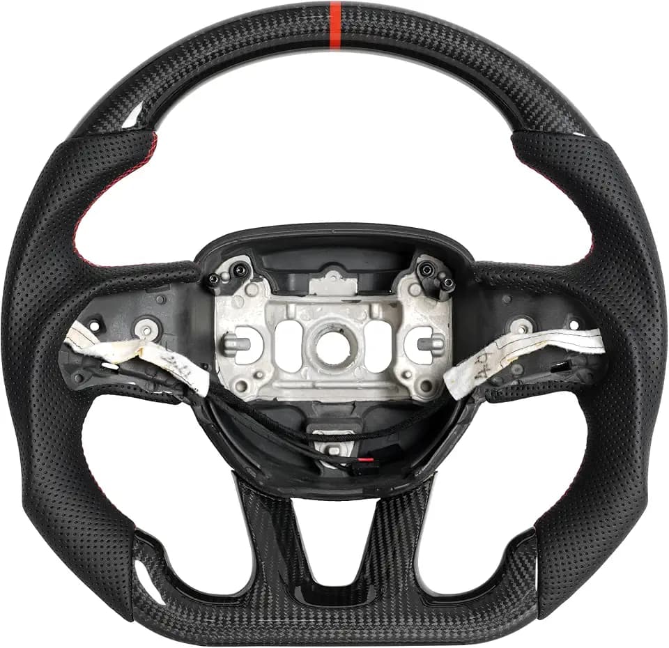 Carbon Fiber Heated Steering Wheel for Dodge Charger/Challenger/Durango 2015-2024, Red Stripe & Sttching, D-Shape Nappa Perforated Ergonomic Grip for Jeep Grand Cherokee SRT/Trackhawk 2014-2021