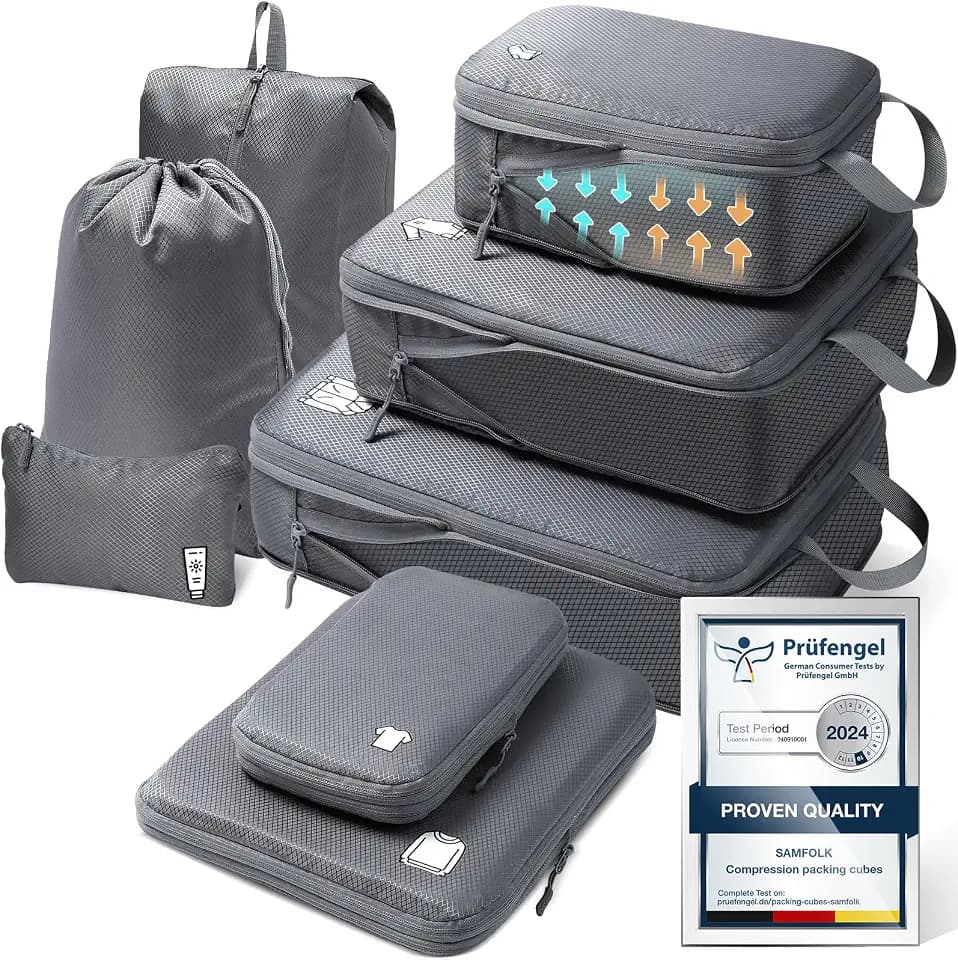 Packing Cubes Compression 8 Stück Koffer Organizer,Wasserdicht PackwüRfel Packtaschen Kompression, Travel essentials FüR HandgepäCk Koffer Und Rucksack Grau