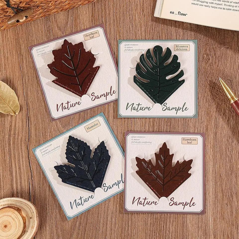 icceemee 4 Pcs Leaf Shaped Leather Bookmarks, Nature Themed Corner Page Markers,Durable Book Page Clips for Reading, Eco-Friendly Gifts for Book Lovers, Women, Men, and Nature Enthusiasts