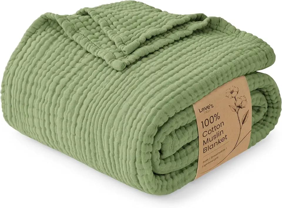 Love's cabin 100% Cotton Muslin Blanket, 6 Layer Lightweight Breathable Gauze Throw Blanket 50 x 60 Inches, Soft All Season Blanket for Couch, Bed, Sofa, Sage Green