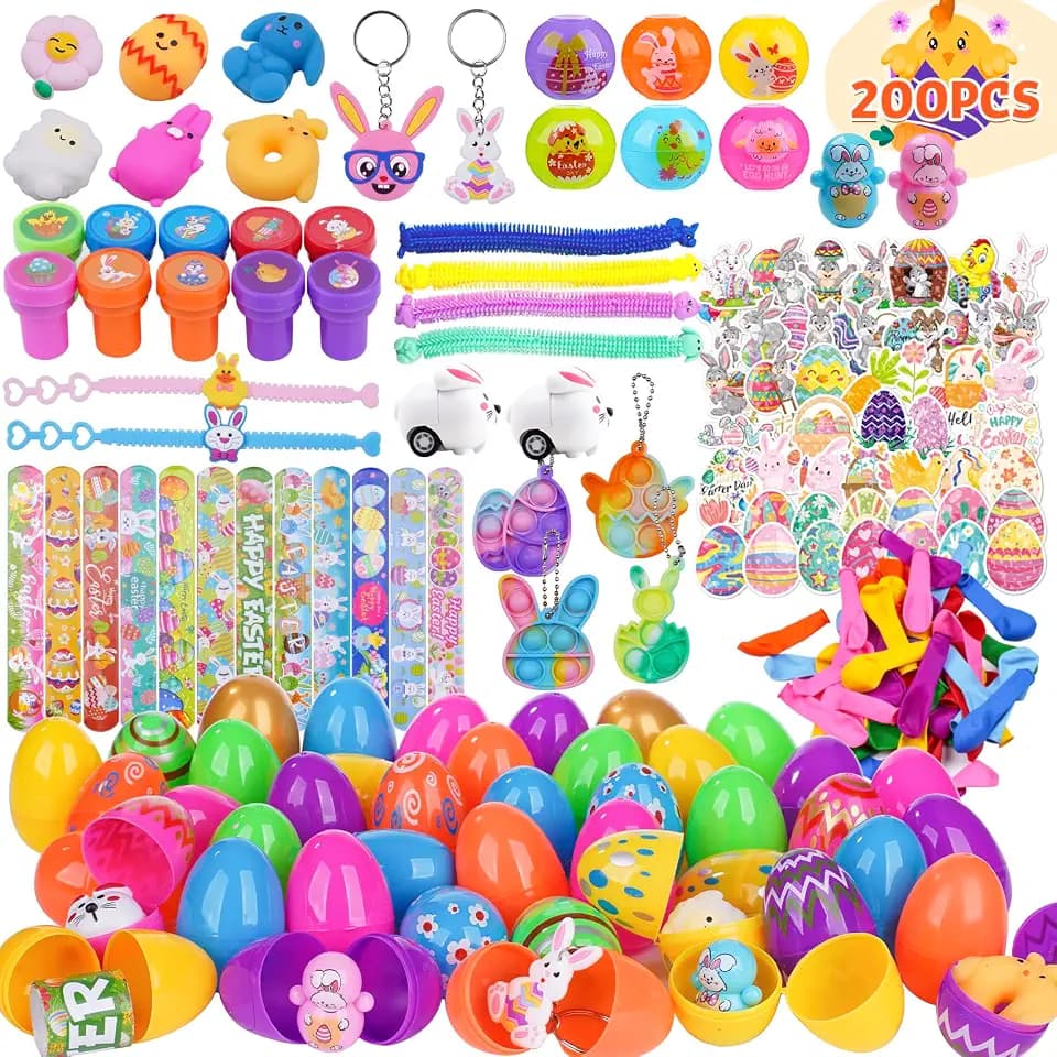 YiYLunneo 200PCS Prefilled Easter Eggs with Toys Inside for Kids, Easter Basket Stuffers Fillers with Fidget Toys 50 Pack for Easter Eggs Hunt Easter Party Favors, Easter Classroom Prize Gifts
