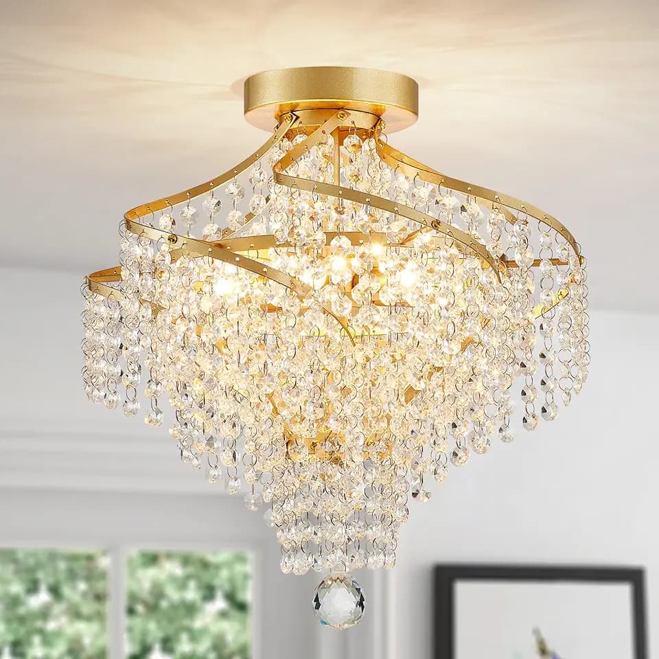 WUZUPS Crystal Chandelier Semi Flushmount Ceiling Light Modern Lighting Fixture for Bedroom Hallway Bar Kitchen Bathroom, H 14.7" x W 14.7", Gold, G9 Base