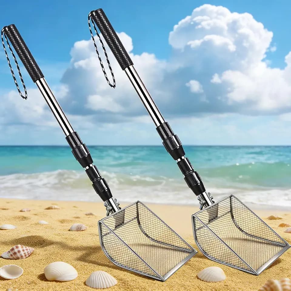 Upgraded 2Pcs Shark Tooth Sifter,Beach Sand Shovel Set,Effortless Angled Design Sand Scoop Shell Scooper for Easy Digging,Reinforced Head,Telescoping Handle for Kids Adults (2pcs Sand Sifter)