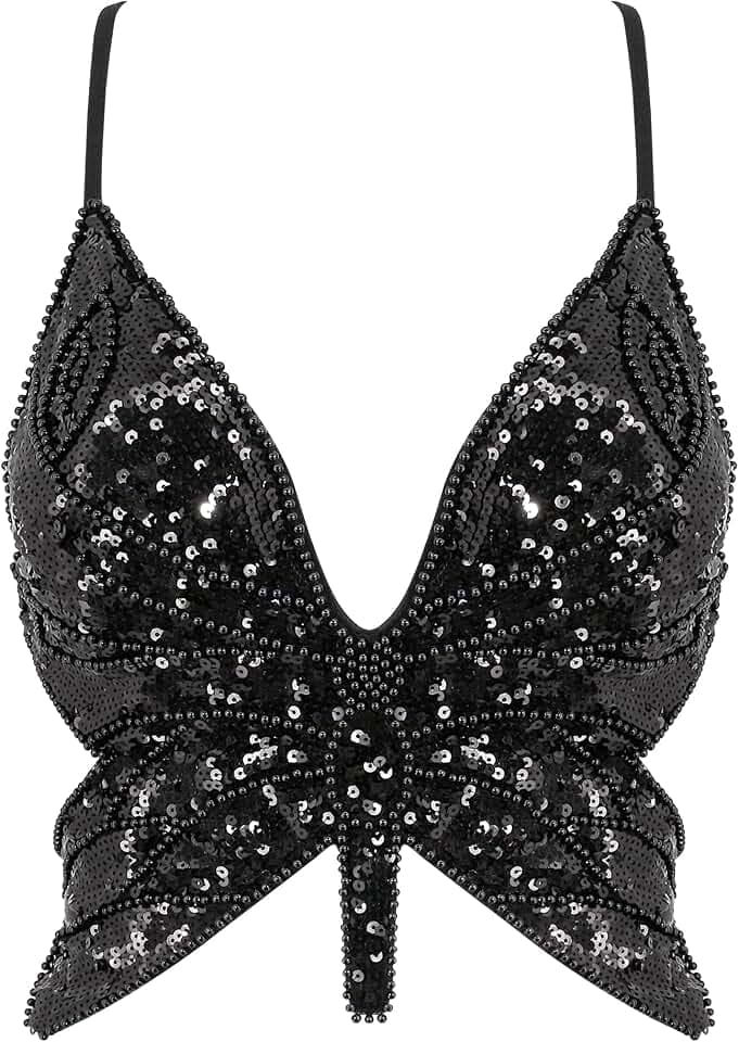 glitzerndes Pailletten-Bauchfreies Damen-Top mit Schmetterlingsmuster, tief ausgeschnittenes Tanktop, Rave-Röhren-Top, geeignet für Bauchtanz-Kostüme