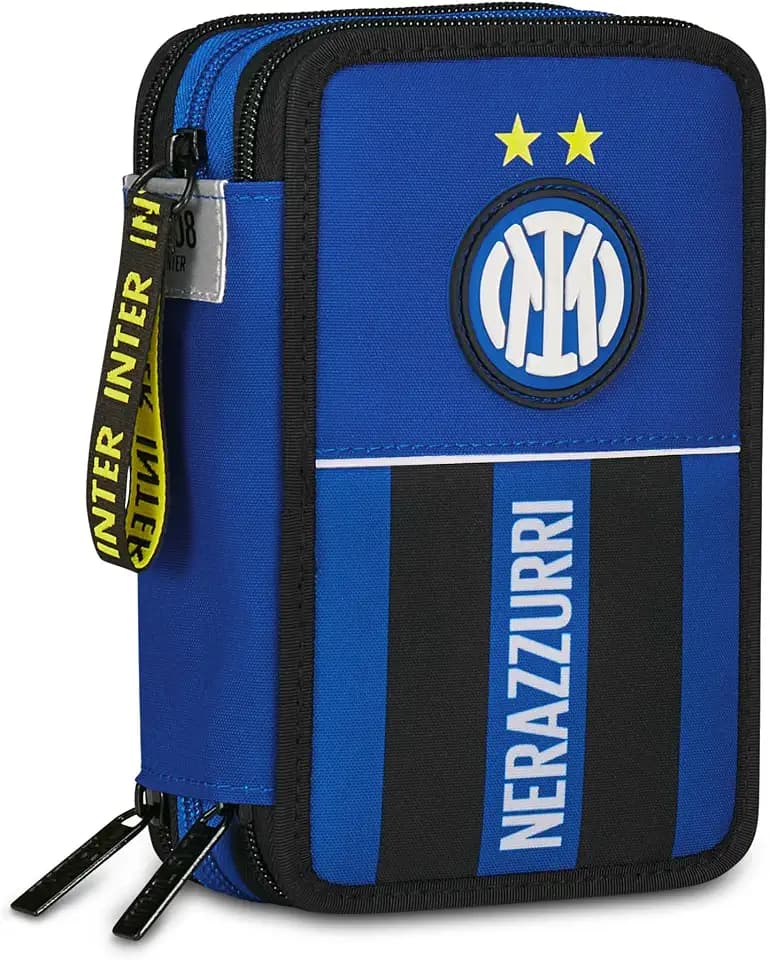 Seven Inter Schul-Federmäppchen mit 3 Reißverschlüssen, blau, dreifach Fach mit Stiften, Bleistiften, Farben, Grundschule, Kinder, Fußball, blau, Modern