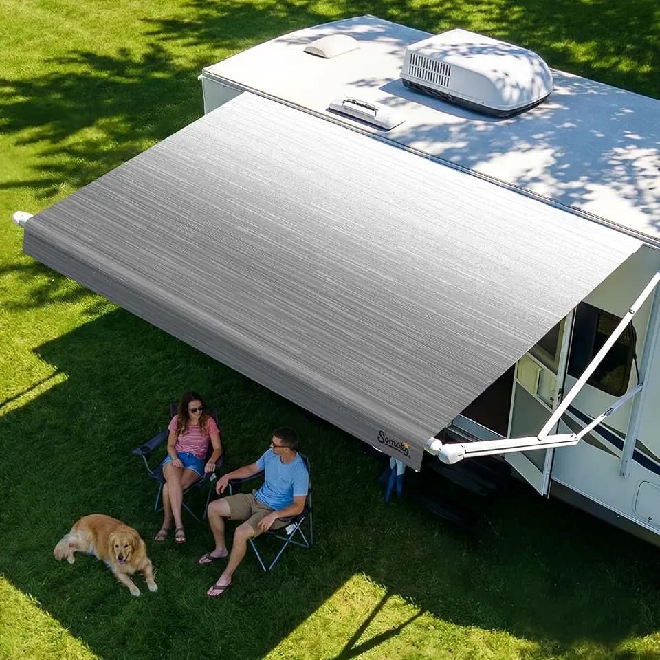 RV Awning Fabric Replacement, 19.5oz Heavy-Duty Vinyl Camper Awning, Heat-Sealed Seamless, DIY Setup, UPF 50+ Waterproof Canopy for Camper, Trailer, Motorhome (Graphite Gray, 17FT(Fabric 16'2"))