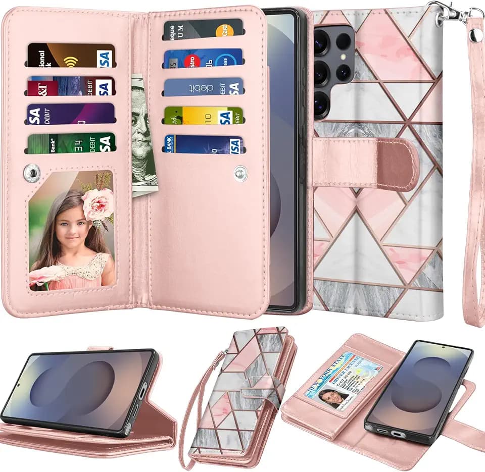 Njjex Galaxy S25 Ultra Case, for Samsung Galaxy S25 Ultra Wallet Case, [9 Card Slots] PU Leather ID Credit Card Holder Folio Flip [Detachable] Kickstand Magnetic Phone Cover & Lanyard [Marble Pink]