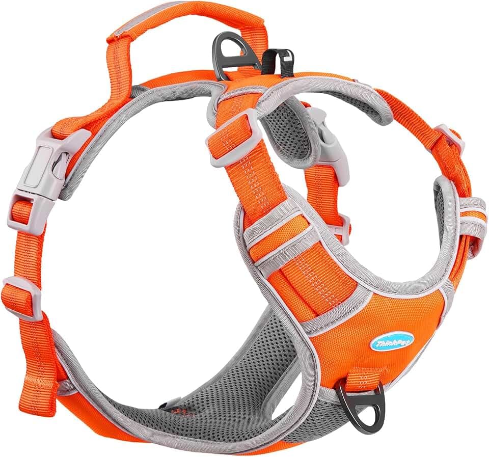 ThinkPet Anti Zug Hundegeschirr, Hundegeschirr mit Griff Leicht zu Kontrollierendem Hundegeschirr Verstellbar ohne Würgen Hundegeschirr Reflektierend Atmungsaktiv Gepolstert (XL, Orange)