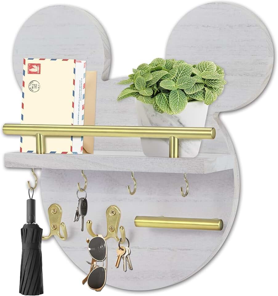 AIRPOP Key Holder for Wall–Mouse Wooden Mail Organizer Wall Mount with Shelf and 6 Hooks, Easy Installation Key Rack Hanger for Entryway Living Room Home Decor(White)