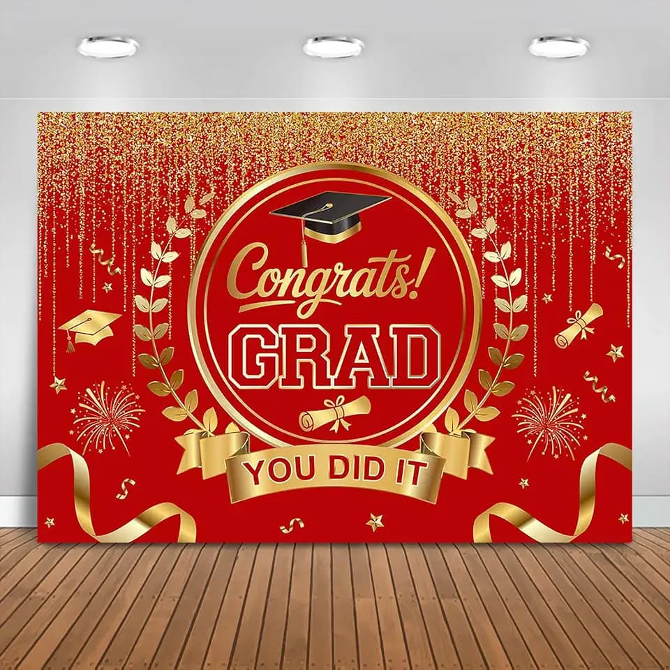 Graduation Backdrop Congrats Grad You Did It Party Decorations Background Congratulations Graduate Class of 2026 Banner Photo Booth Props (Red and Gold, 7x5ft)