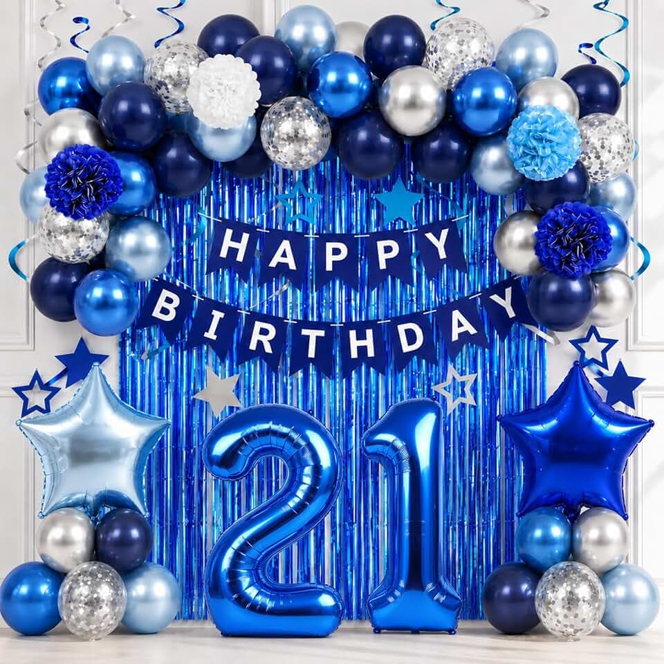 Blue Silver 21st Birthday Decorations for Him Number 21 Party Balloons Set