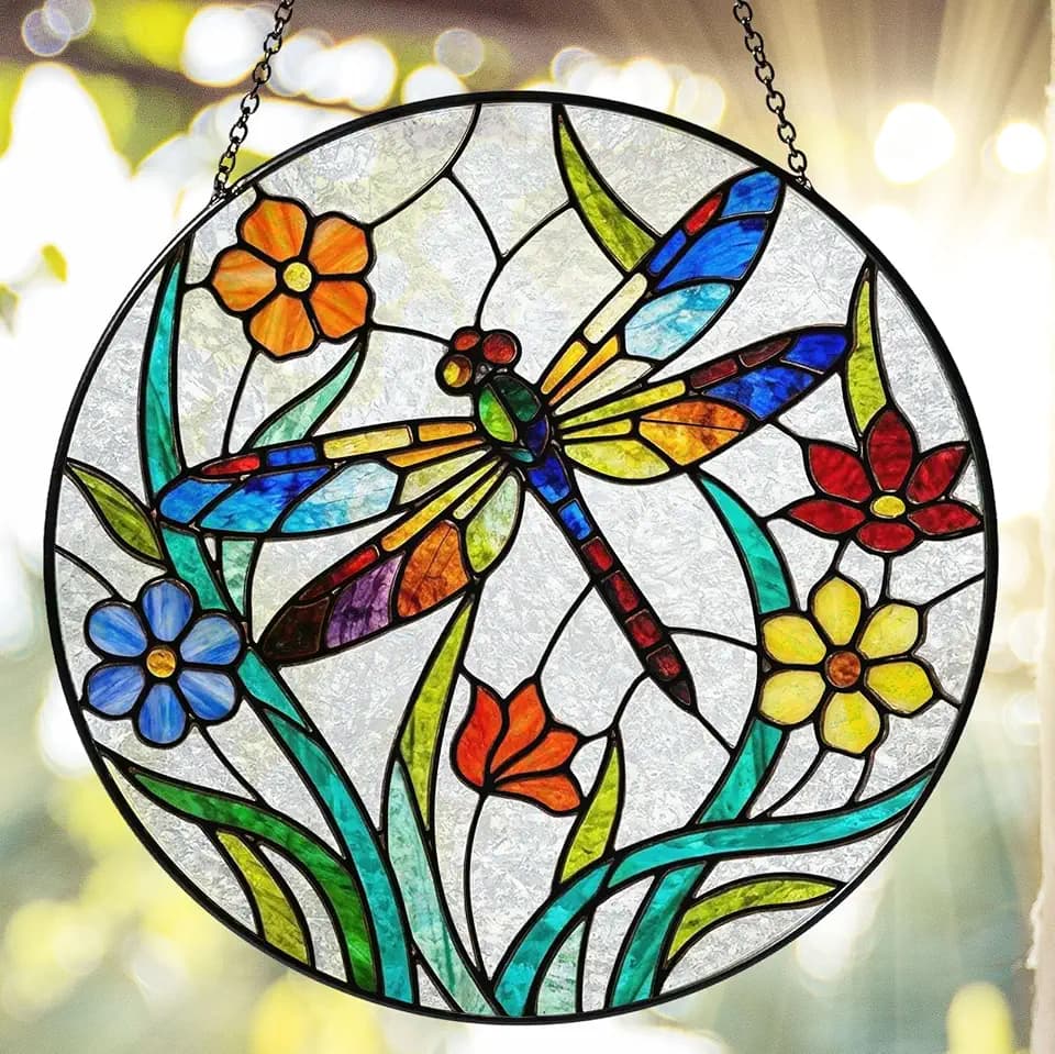Dragonfly and Wildflowers Stained Glass Suncatcher, Garden Theme Window Hanging Decor, 7.87 Inch Sun Catchers Indoor Window, Perfect Mother's Day and Birthday Gifts for Mom and Women