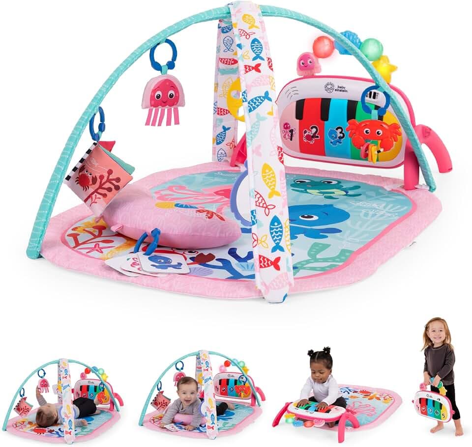 Baby Einstein Ocean Explorers 4-in-1 Spielbogen Baby Spielmatte mit Kick Piano, Musik- & Sprachförderung, Sensorikspielzeug, Lichter & Klänge, Für Neugeborene +, Rosa (Jellyfish Jamboree)