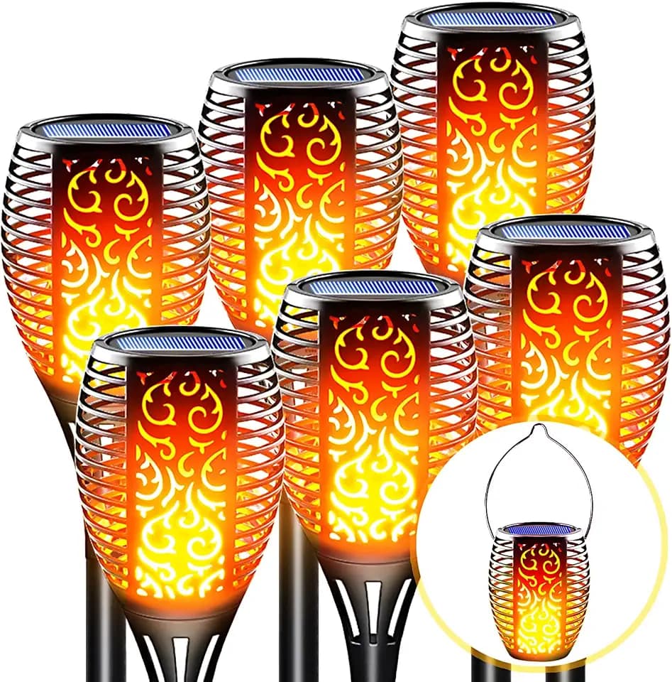 Large Solar Torch Lights Outdoor, Hanging Lanterns, 6 Pack