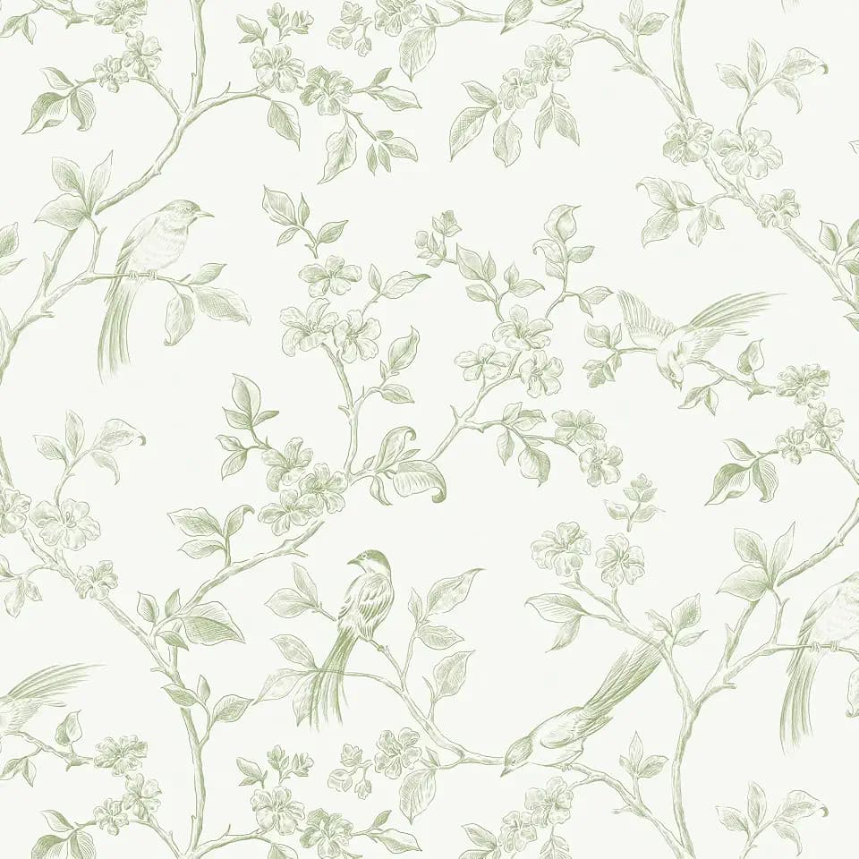 Grüne Vintage-Tapete zum Abziehen und Aufkleben, 44 x 300 cm, Vögel und Blätter, Kontaktpapier, dekorativ, abnehmbar, selbstklebend, wasserdicht, Wandpapierrolle für Schränke, Badezimmer